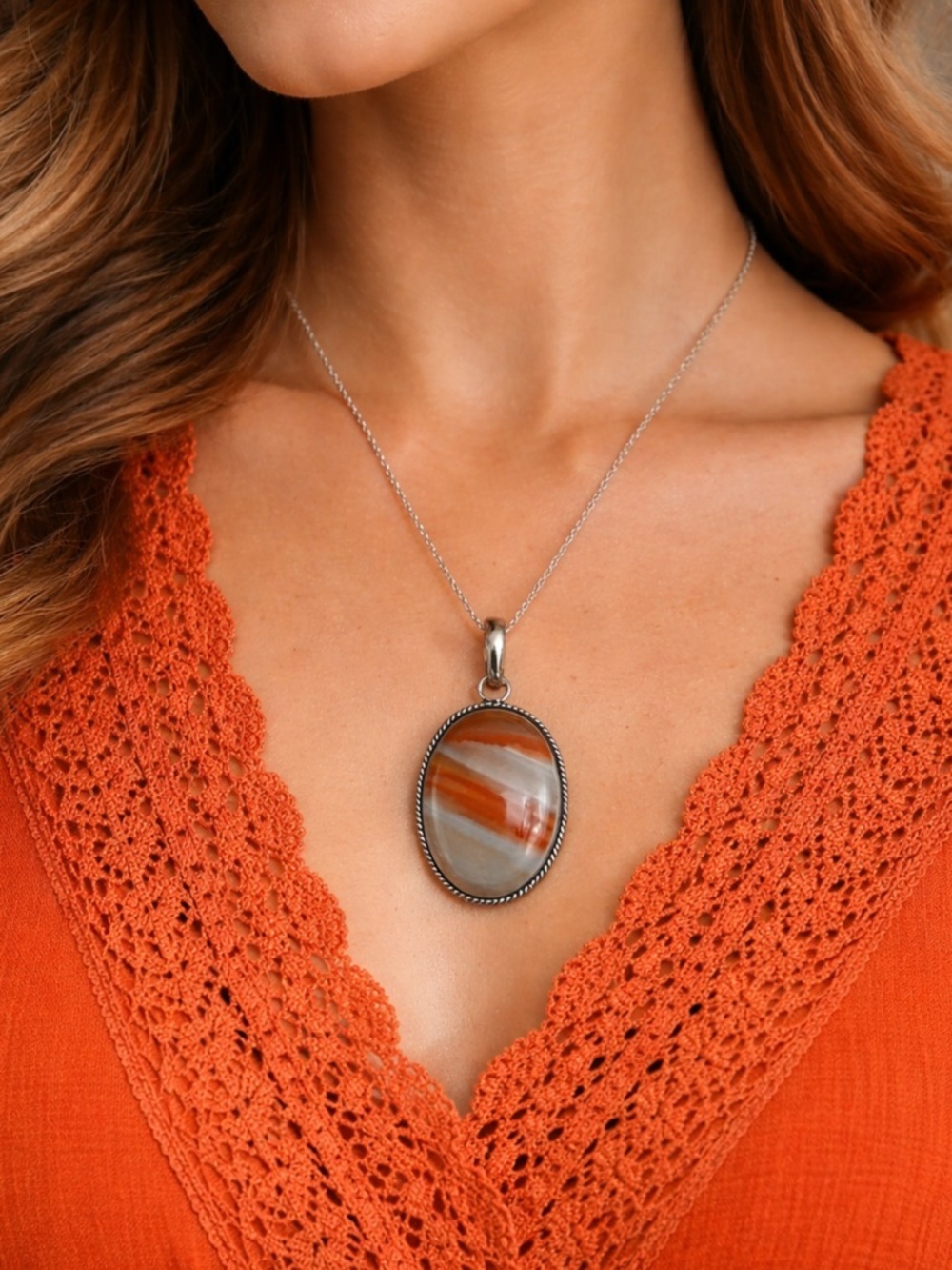 Vintage Sterling Silver Natural Agate Pendant Necklace